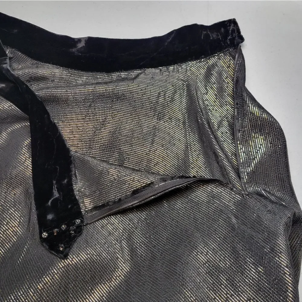 50s Handmade Lurex Black and Gold Striped Fabric Maxi Skirt Velvet Waistband